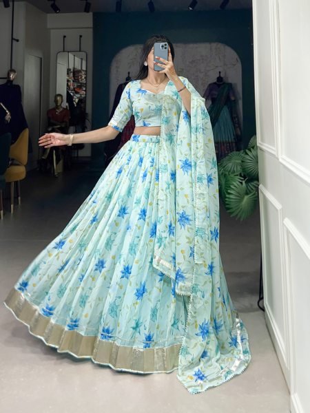  Beautiful Tabby Silk Floral Printed Blue Lace Designer Lehenga Choli Half Saree Lehenga