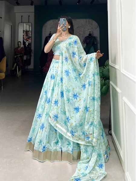  Beautiful Tabby Silk Floral Printed Blue Lace Designer Lehenga Choli Half Saree Lehenga