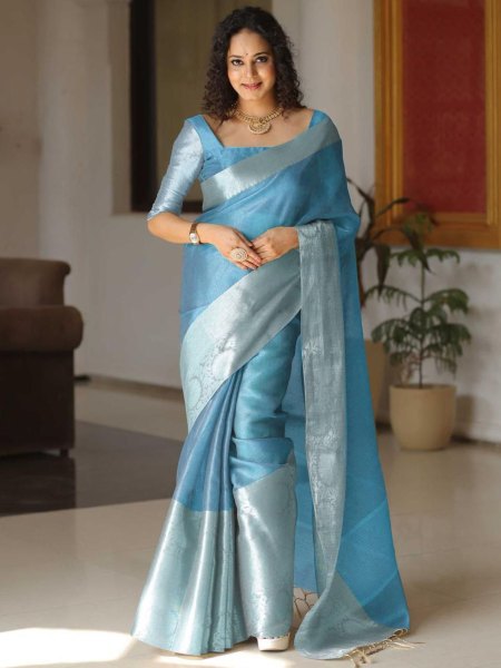 Beautiful Tissue Silk Saree With Beautiful Rainbow Shining color 