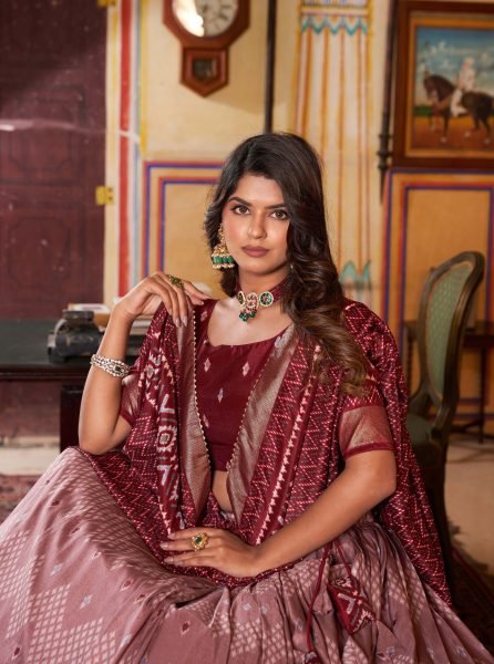 beautiful Tussar Silk With Ikkat Print With Foil Work Lehnega collection  Navratri Lehnega Choli