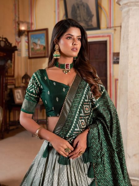 beautiful Tussar Silk With Ikkat Print With Foil Work Lehnega collection  Navratri Lehnega Choli