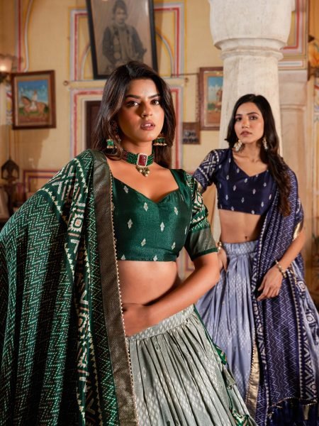 beautiful Tussar Silk With Ikkat Print With Foil Work Lehnega collection  Navratri Lehnega Choli