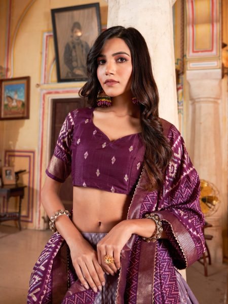 beautiful Tussar Silk With Ikkat Print With Foil Work Lehnega collection  Navratri Lehnega Choli