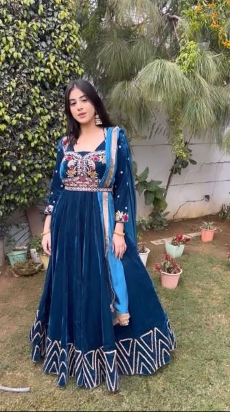 Beautiful Velvet Thread Work Gown With Belt   Dupatta Ready To Wear Collection