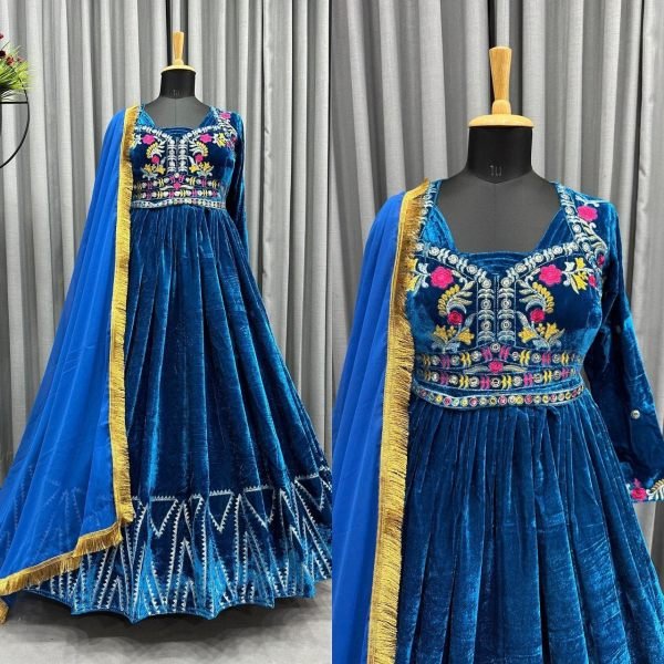 Beautiful Velvet Thread Work Gown With Belt   Dupatta Ready To Wear Collection