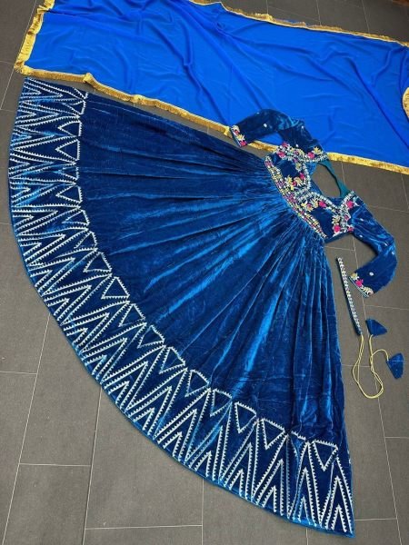Beautiful Velvet Thread Work Gown With Belt   Dupatta Ready To Wear Collection