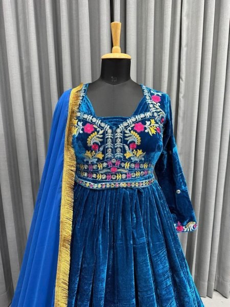 Beautiful Velvet Thread Work Gown With Belt   Dupatta Ready To Wear Collection