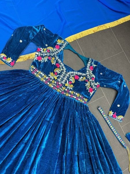 Beautiful Velvet Thread Work Gown With Belt   Dupatta Ready To Wear Collection