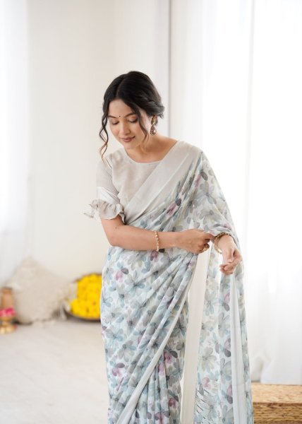 Beautiful White Satin Printed Saree with Contrast Border Premium Festive Edition Printed Cotton Sarees Wholesale