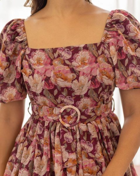 Beautiful Wine Floral Georgette Dress With Belt Georgette Kurti 