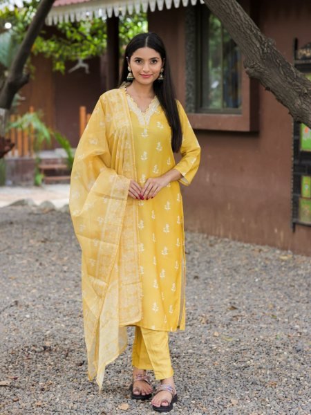 Beautiful Yellow Rayon Embroidered Kurti with Bottom Dupatta for Daily Wear at Manufacturer Rate 