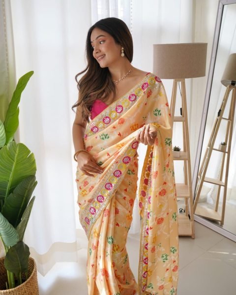Beautifull Chinon Silk Saree With Sequence   Embroidery Work  Silk Sarees Wholesale
