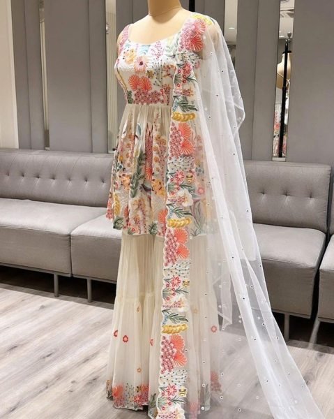 Beautifull Faux Georgette With Sequence Work Sharara Set  Ready To Wear Collection