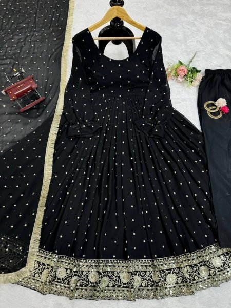 Beautifully Designed Black Color Faux Georgette WIth Thread Work Gown Collection  Ready To Wear Collection