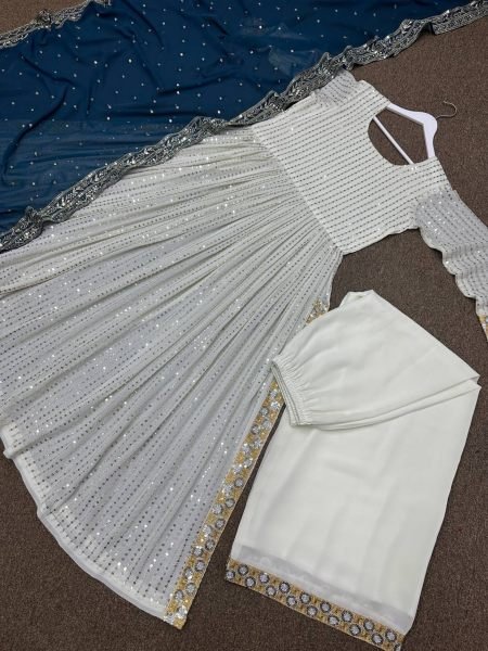 Beautifully Designed Nyra Cut Embroidery Work Kurti Plazzo With Dupatta  Ready To Wear Collection