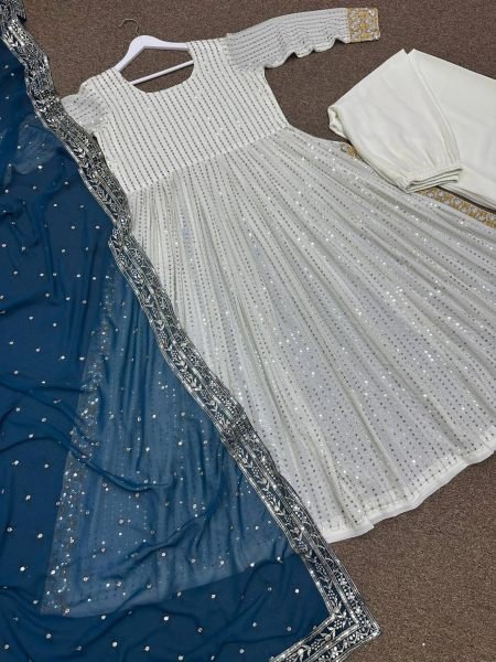 Beautifully Designed Nyra Cut Embroidery Work Kurti Plazzo With Dupatta  Ready To Wear Collection