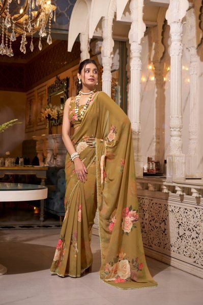 Beautifully Printed Georgette Saree in Earthy Olive Pearl Touched Perfection Georgette Sarees Wholesale