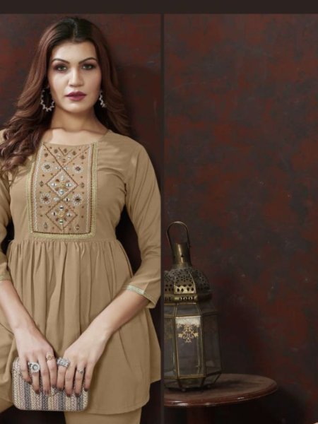 Beige Embroidered Cotton Blend Co Ord Set 