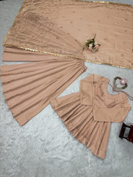 Beige Ready to Wear 3 Piece Anarkali Kurti Set Tabby Organza Fabric Mukesh Handwork Manufacturer in Surat  Anarkali Kurtis 