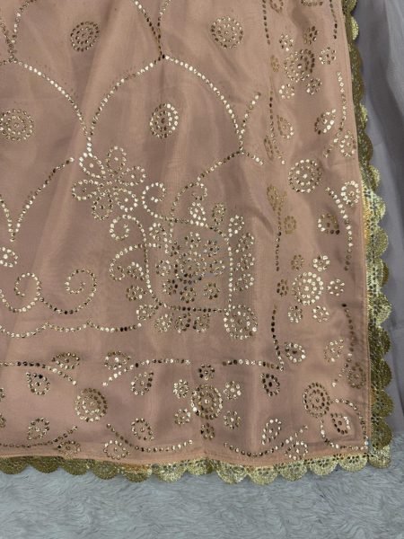 Beige Ready to Wear 3 Piece Anarkali Kurti Set Tabby Organza Fabric Mukesh Handwork Manufacturer in Surat  Anarkali Kurtis 