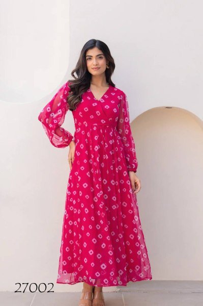 Berry Pink V Neck Gown in Georgette Brunch to Beach Look Georgette Kurti 