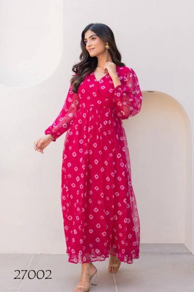 Berry Pink V Neck Gown in Georgette Brunch to Beach Look Georgette Kurti 