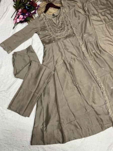 Best Offers New Collection Ready To Wear Light Brown Suit Vichitra Silk Heavy Embroidery Work  Anarkali Kurtis 