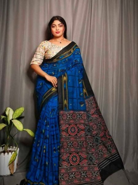 Best Price Khadi Cotton Blue Printed Saree 