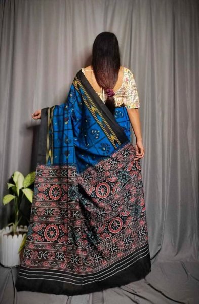 Best Price Khadi Cotton Blue Printed Saree Cotton Sarees Wholesale