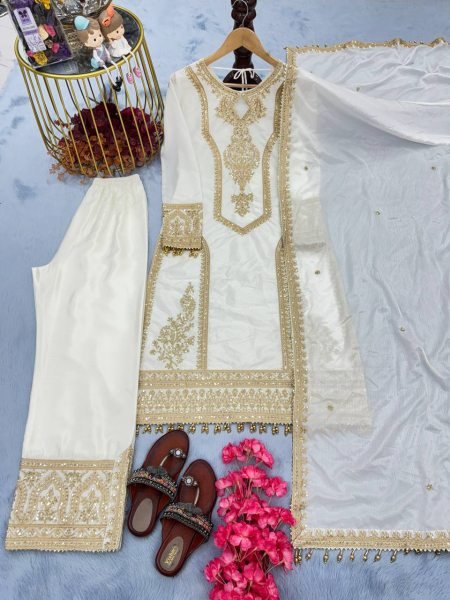 Best Price New Designer Party Wear Look Pur Chinon Silk Top Plazzo   Dupatta Set Ready To Wear Collection