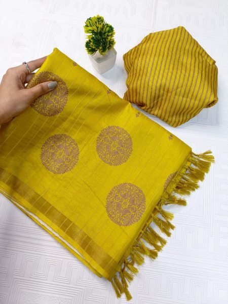 Best Price Tussar Silk Yellow Printed Banarasi Saree With Golden Zari Borders 