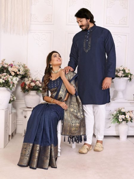 Best Seller Matching Couple Set Mens Silky Silk Kurta with Cotton Pajama & Womens Premium Dola Silk Saree 