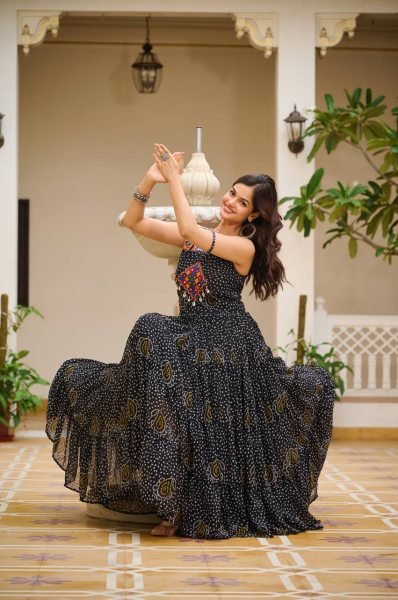 Black Bandhani Georgette Gown with Real Mirror   Codi Lace Garba Night Statement Look Navratri Lehnega Choli