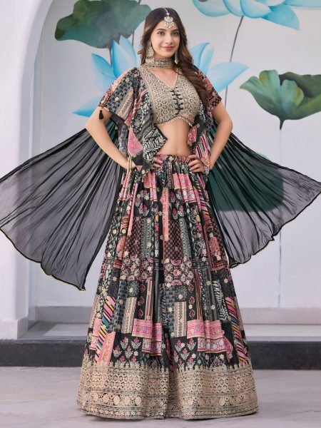 Midnight Black Chinnon Silk Lehenga with Zari Embroidery Wedding Special Set at Exporter Rate