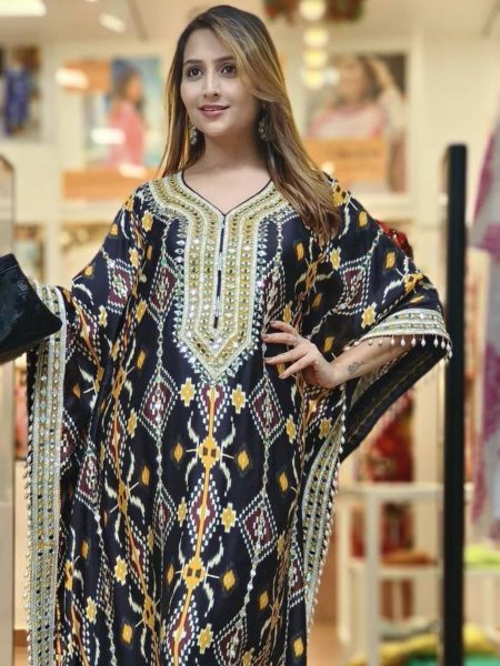 Black Chinon Silk Sequence Embroidery Work Kaftan Set Kurtis