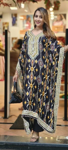 Black Chinon Silk Sequence Embroidery Work Kaftan Set Ready To Wear Collection