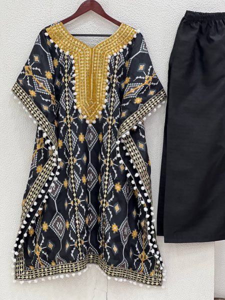 Black Chinon Silk Sequence Embroidery Work Kaftan Set Ready To Wear Collection