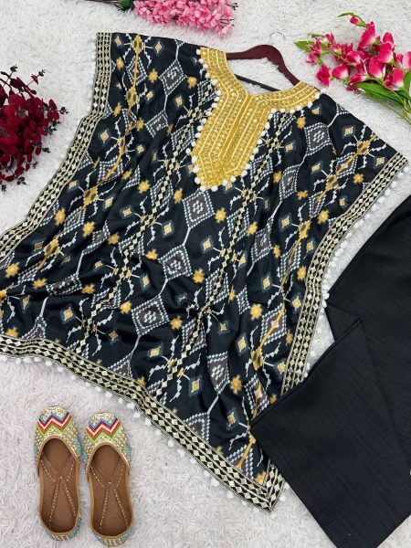 Black Chinon Silk Sequence Embroidery Work Kaftan Set Ready To Wear Collection