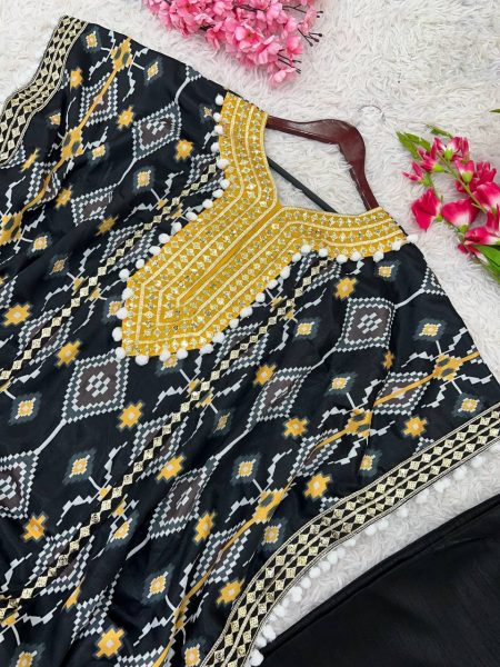 Black Chinon Silk Sequence Embroidery Work Kaftan Set Ready To Wear Collection