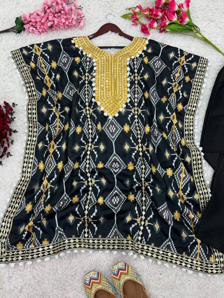 Black Chinon Silk Sequence Embroidery Work Kaftan Set Ready To Wear Collection