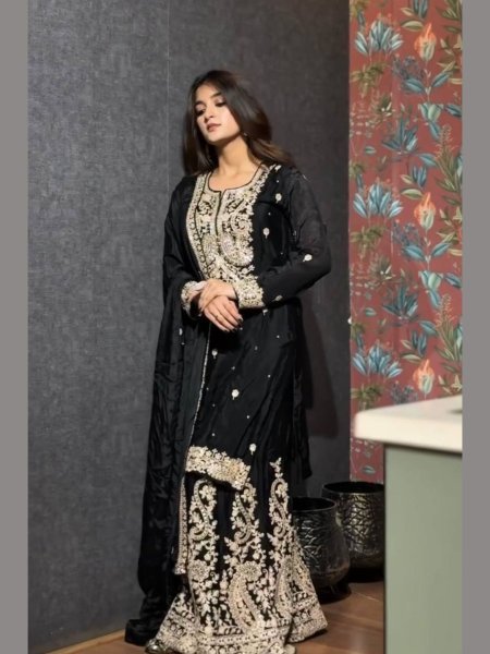 Black Chinon Silk Sharara Suit Elegant Embroidery & Fancy Dupatta Ready-to-Wear Party Set at Wholesale Best Seller 