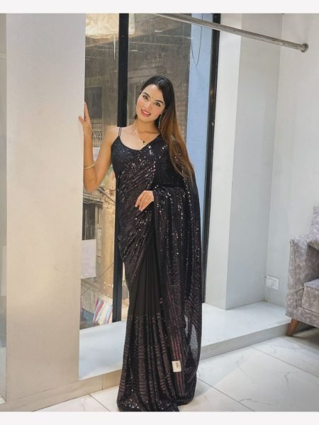 Black Color Bollywood BlockBuster Georgette Sequence Saree  Georgette Sarees Wholesale