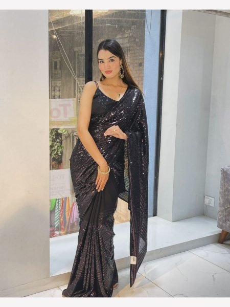 Black Color Bollywood BlockBuster Georgette Sequence Saree  Georgette Sarees Wholesale