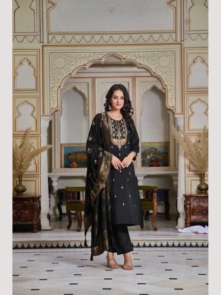 Black Color Chanderi With Embroidery Work Kurti Pant With Dupatta  3 Piece Kurti Set