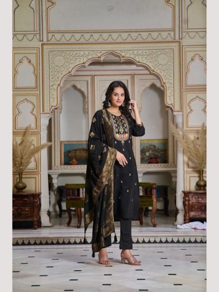 Black Color Chanderi With Embroidery Work Kurti Pant With Dupatta  3 Piece Kurti Set