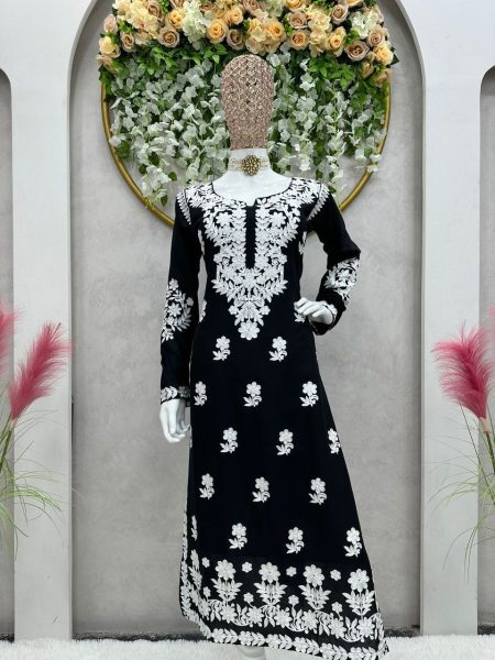 black Color Chikankari Rayon Kurti Lucknowi Chikankari Kurtis Wholesale