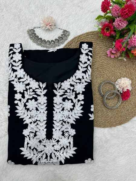 black Color Chikankari Rayon Kurti Lucknowi Chikankari Kurtis Wholesale