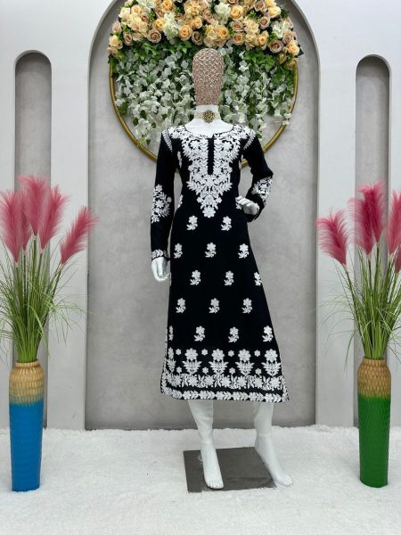 black Color Chikankari Rayon Kurti Lucknowi Chikankari Kurtis Wholesale