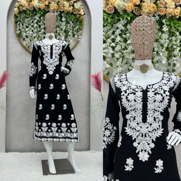 black Color Chikankari Rayon Kurti Lucknowi Chikankari Kurtis Wholesale