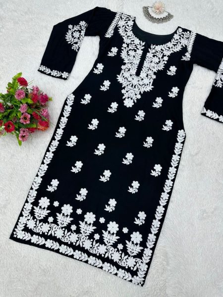 black Color Chikankari Rayon Kurti Lucknowi Chikankari Kurtis Wholesale